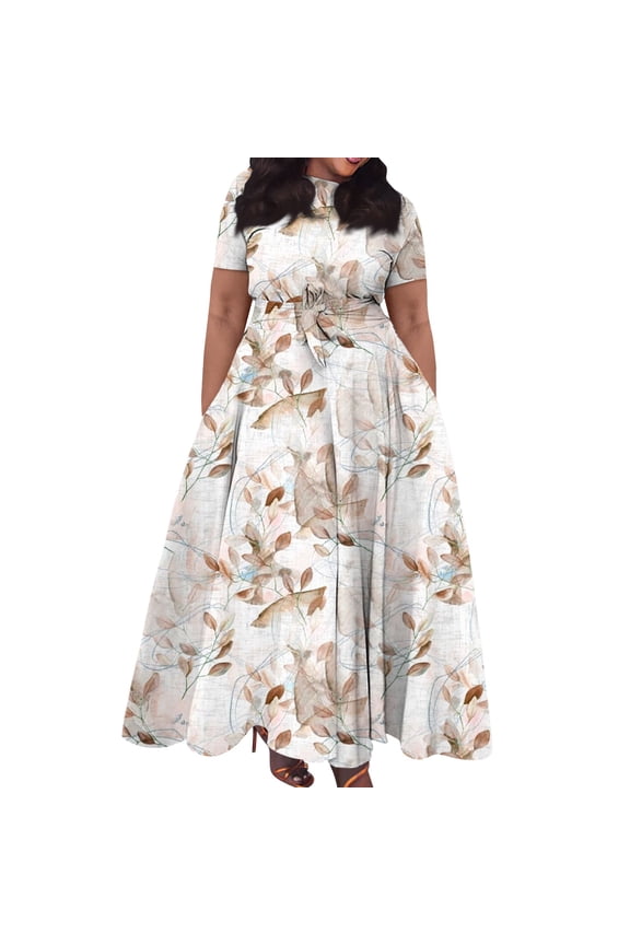 Short Sleeve Maxi Dress Casual Plus Size Crewneck Long Dress Elegant Formal A Line Smocked Flowy Party Dress Beige 5XL