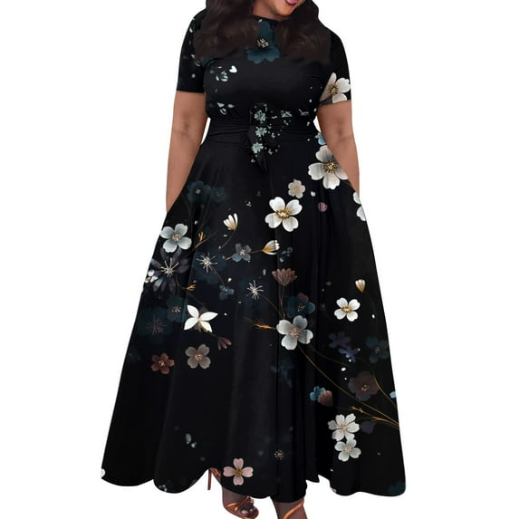 Jzuxvd Short Sleeve Maxi Dress Casual Plus Size Crewneck Long Dress Elegant Formal A Line Smocked Flowy Party Dress Black 5XL