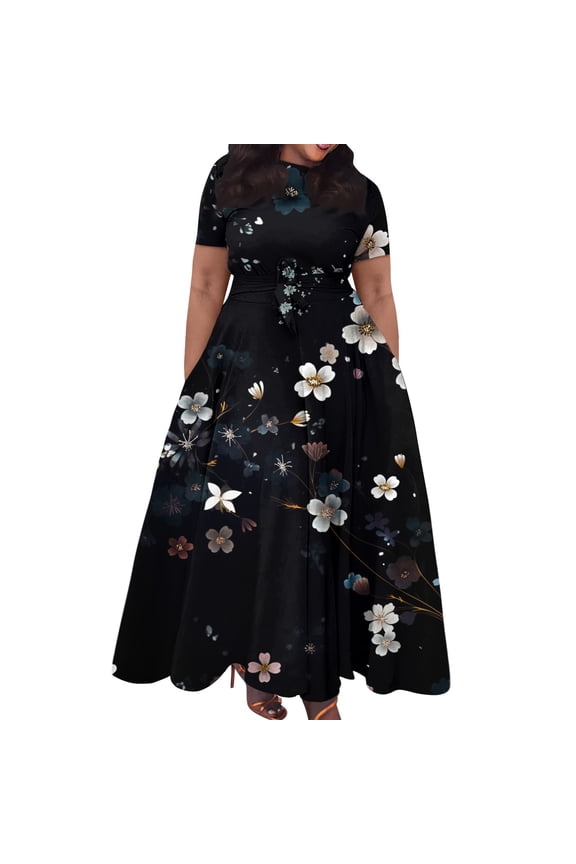 Short Sleeve Maxi Dress Casual Plus Size Crewneck Long Dress Elegant Formal A Line Smocked Flowy Party Dress Black XL