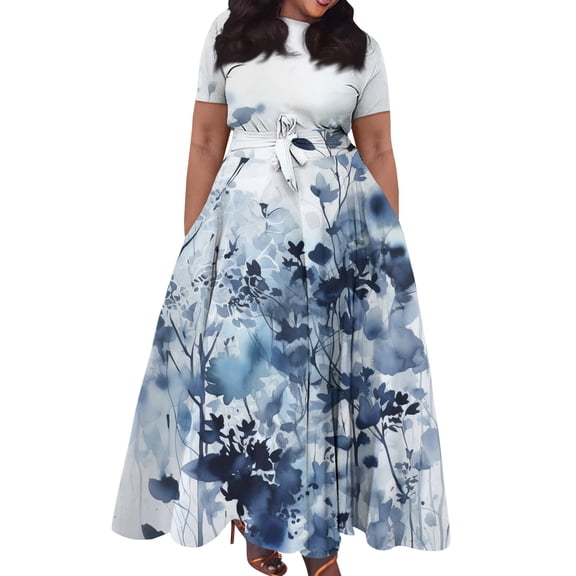 Jzuxvd Short Sleeve Maxi Dress Casual Plus Size Crewneck Long Dress Elegant Formal A Line Smocked Flowy Party Dress Blue 4XL