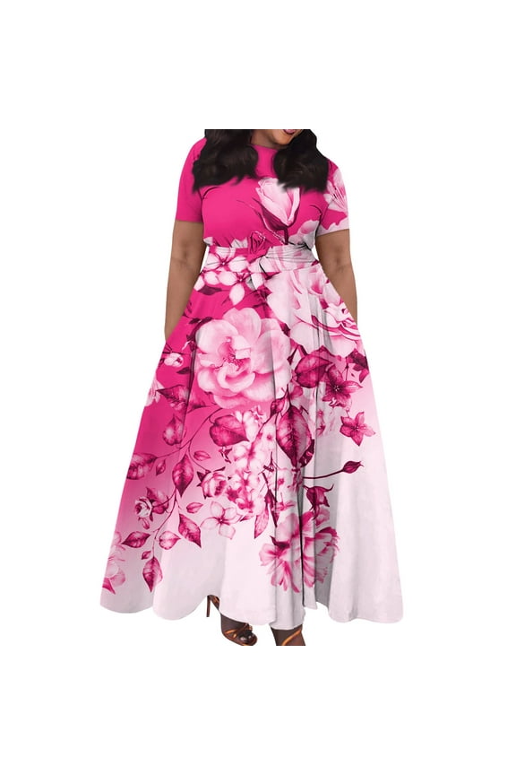 Short Sleeve Maxi Dress Casual Plus Size Crewneck Long Dress Elegant Formal A Line Smocked Flowy Party Dress Hot Pink 5XL