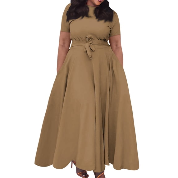 Jzuxvd Short Sleeve Maxi Dress Casual Plus Size Crewneck Long Dress Elegant Formal A Line Smocked Flowy Party Dress Light Brown 3XL