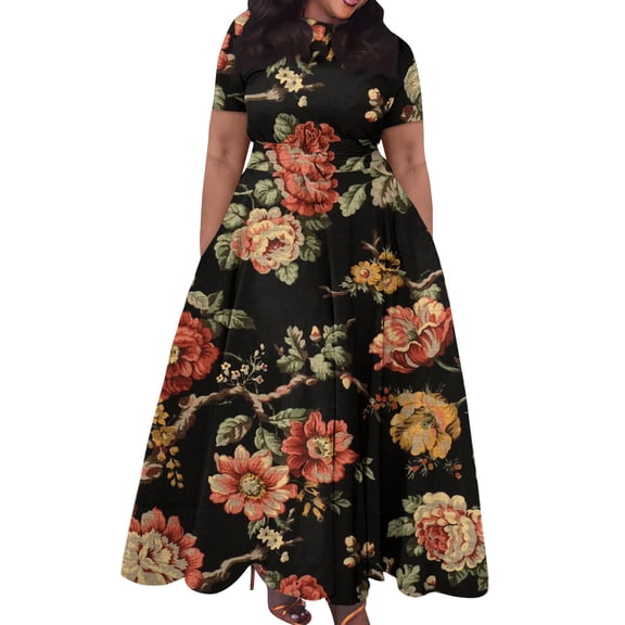 Jzuxvd Short Sleeve Maxi Dress Casual Plus Size Crewneck Long Dress Elegant Formal A Line Smocked Flowy Party Dress Orange 5XL