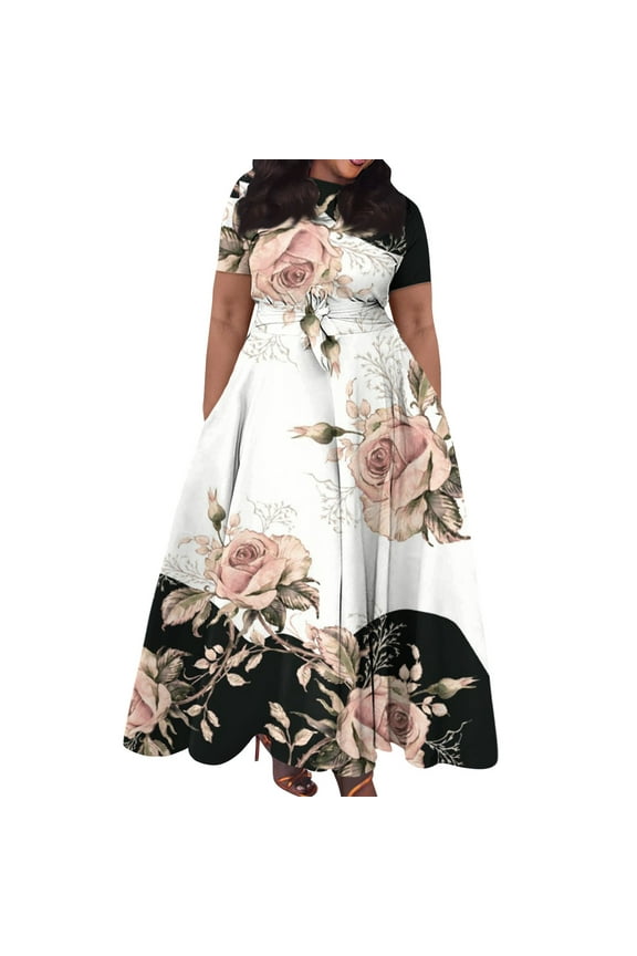 Short Sleeve Maxi Dress Casual Plus Size Crewneck Long Dress Elegant Formal A Line Smocked Flowy Party Dress Pink 4XL
