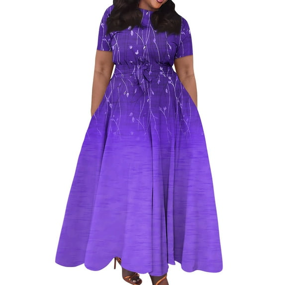 Jzuxvd Short Sleeve Maxi Dress Casual Plus Size Crewneck Long Dress Elegant Formal A Line Smocked Flowy Party Dress Purple 4XL