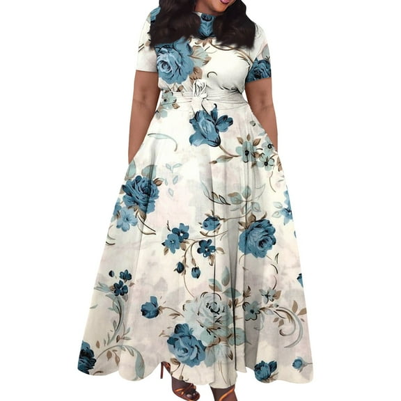 Jzuxvd Short Sleeve Maxi Dress Casual Plus Size Crewneck Long Dress Elegant Formal A Line Smocked Flowy Party Dress White 4XL