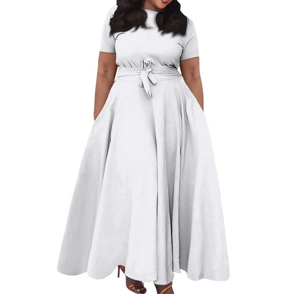 Jzuxvd Short Sleeve Maxi Dress Casual Plus Size Crewneck Long Dress Elegant Formal A Line Smocked Flowy Party Dress White 5XL
