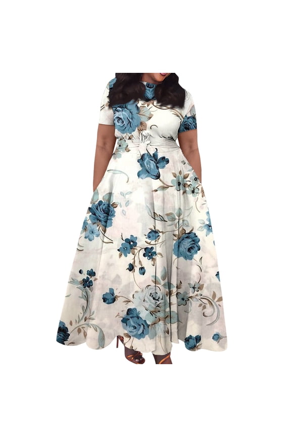Short Sleeve Maxi Dress Casual Plus Size Crewneck Long Dress Elegant Formal A Line Smocked Flowy Party Dress White 5XL