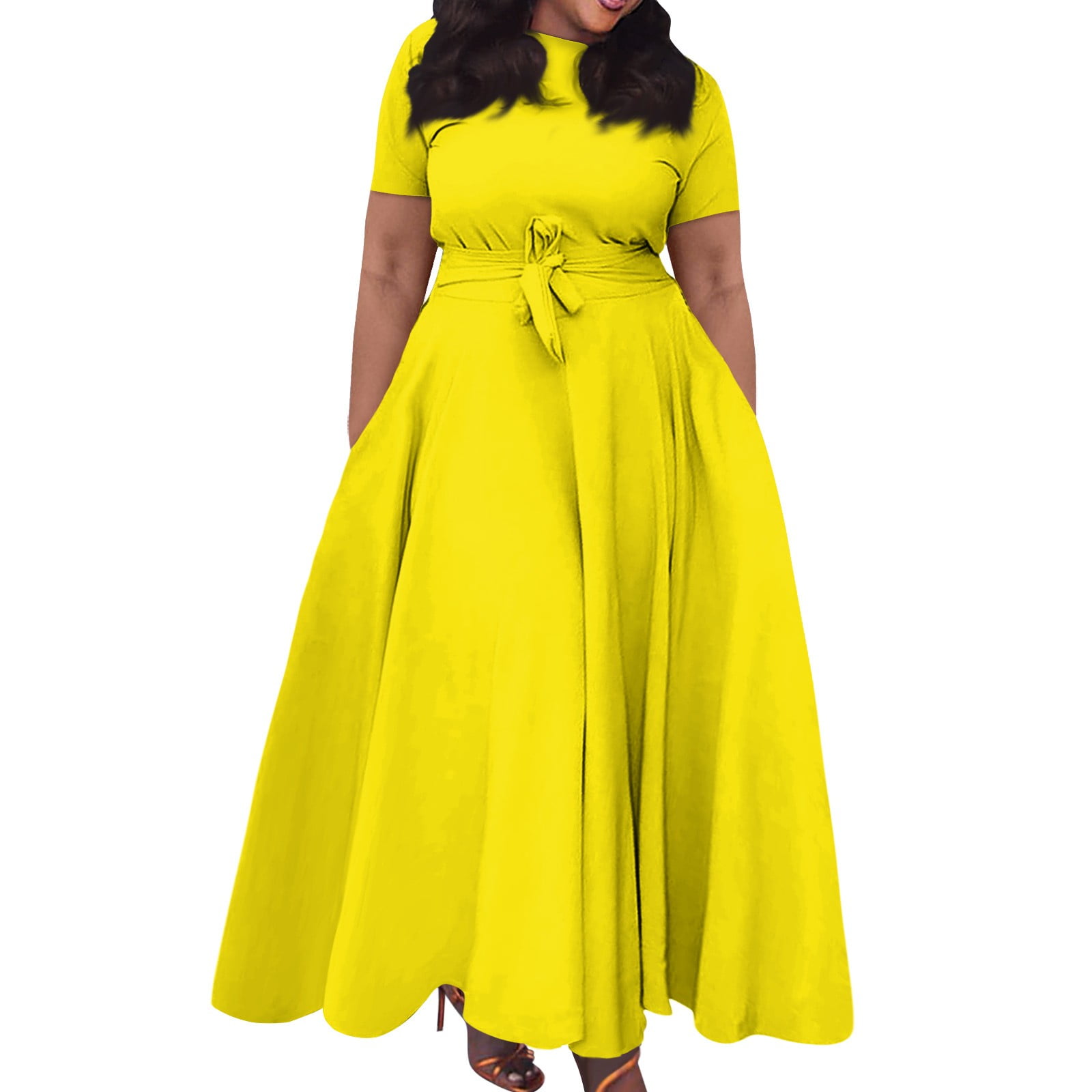 Jzuxvd Short Sleeve Maxi Dress Casual Plus Size Crewneck Long Dress Elegant  Formal A Line Smocked Flowy Party Dress Yellow 3XL - Walmart.com