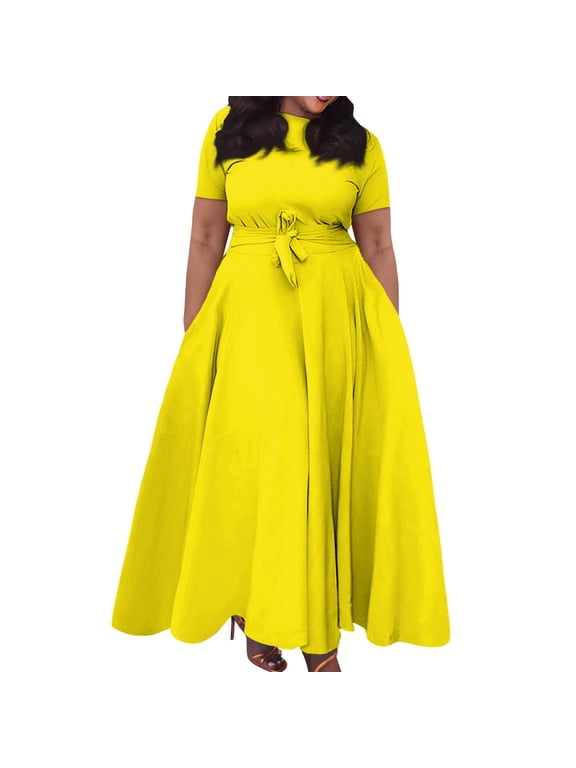 Short Sleeve Maxi Dress Casual Plus Size Crewneck Long Dress Elegant Formal A Line Smocked Flowy Party Dress Yellow XL