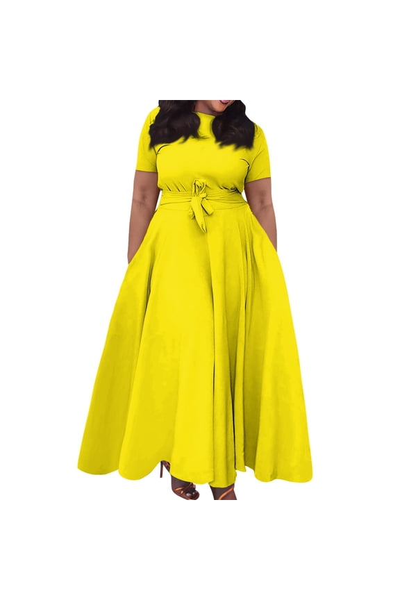 Short Sleeve Maxi Dress Casual Plus Size Crewneck Long Dress Elegant Formal A Line Smocked Flowy Party Dress Yellow XL