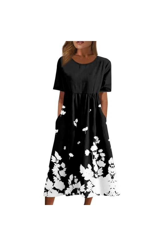Summer Plus Size Cotton Linen Dress for Women Loose Short Sleeve Midi Flowy Dresses Lace Edge Loose Ruffle Sundress Black M
