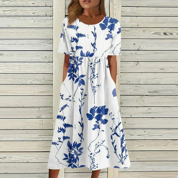 Jzuxvd Summer Plus Size Cotton Linen Dress for Women Loose Short Sleeve Midi Flowy Dresses Lace Edge Loose Ruffle Sundress Blue XXL