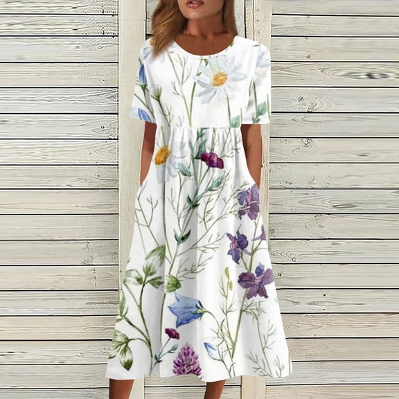 Jzuxvd Summer Plus Size Cotton Linen Dress for Women Loose Short Sleeve Midi Flowy Dresses Lace Edge Loose Ruffle Sundress Purple M