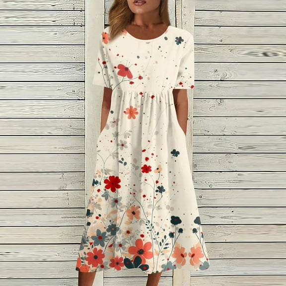 Jzuxvd Summer Plus Size Cotton Linen Dress for Women Loose Short Sleeve Midi Flowy Dresses Lace Edge Loose Ruffle Sundress Red S