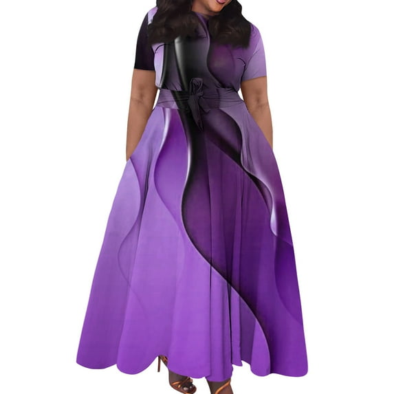 Jzuxvd Trendy Short Sleeve Maxi Dress Casual Plus Size Crewneck Long Dress Elegant Formal A Line Smocked Flowy Party Dress 2024 Purple 3XL