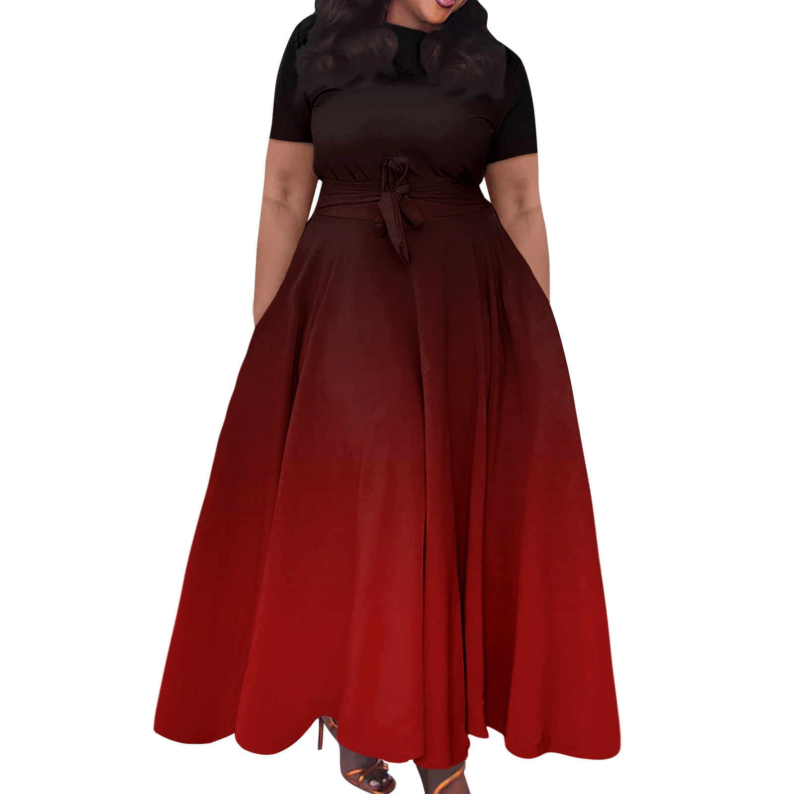red and black plus size maxi dress Jzuxvd Trendy Short Sleeve Maxi Dress Gradient Casual Plus Size Crewneck Long Dress Elegant Formal A Line Smocked Flowy Party Dress Red 4XL