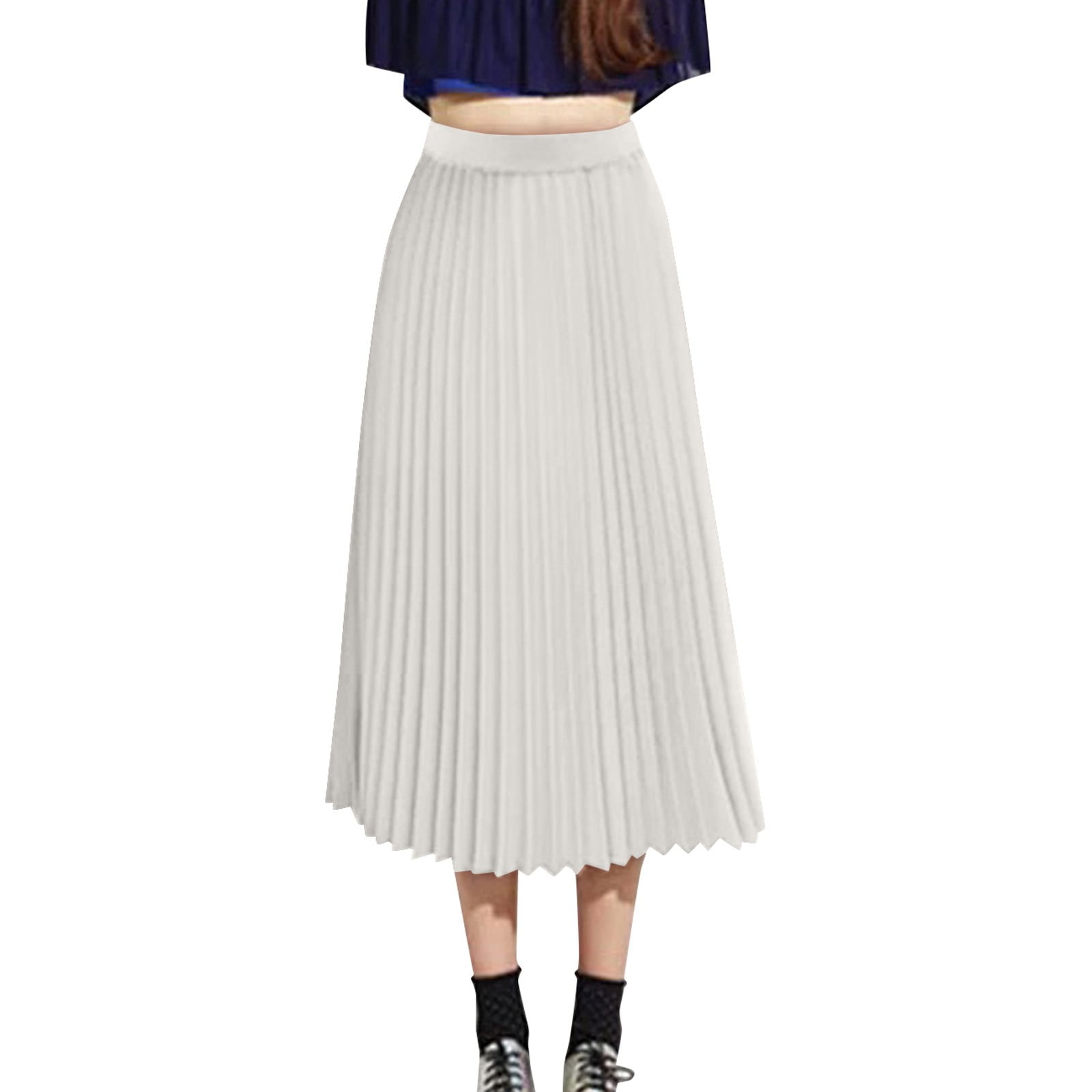 【WOOHWA】CLO CHIFFON SK Jzuxvd Women High Elastic Waist Pleated Chiffon Skirt Midi