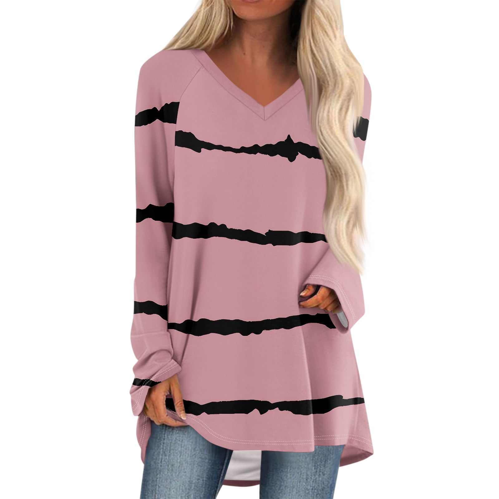 Jzuxvd Women Long Sleeve Shirts Lightweight Striped V Neck Spring Fall