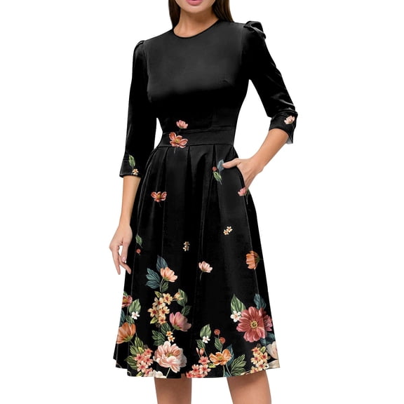 Jzuxvd Women's 1950s Vintage Dresses Short Sleeves Cocktail Stretchy Party Dresses with Pocket Black M