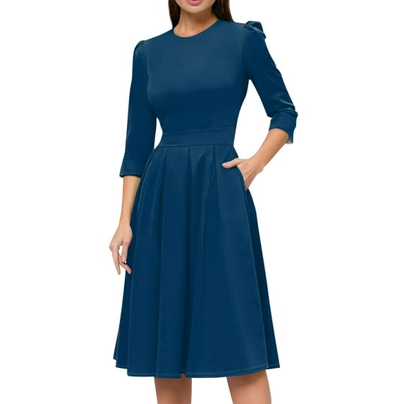 Jzuxvd Women's 1950s Vintage Dresses Short Sleeves Cocktail Stretchy Party Dresses with Pocket Dark Blue XL