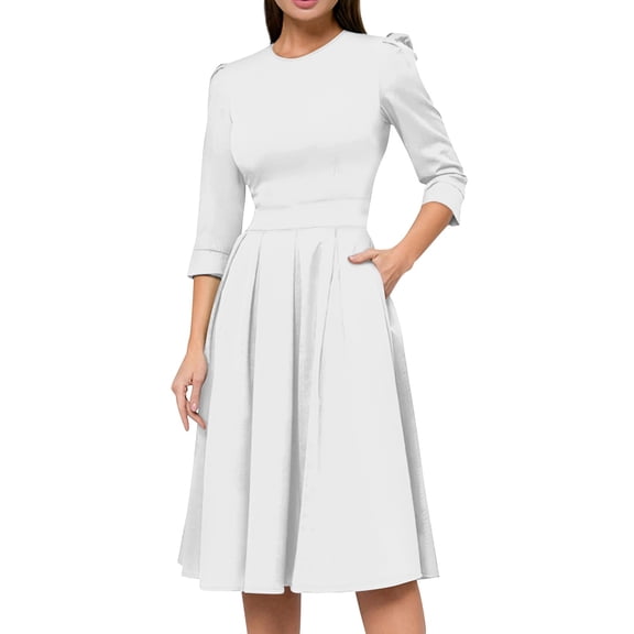 Jzuxvd Women's 1950s Vintage Dresses Short Sleeves Cocktail Stretchy Party Dresses with Pocket White XL