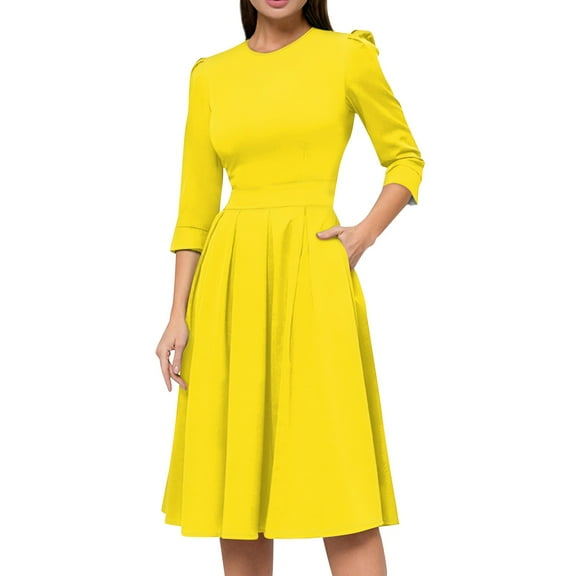 Jzuxvd Women's 1950s Vintage Dresses Short Sleeves Cocktail Stretchy Party Dresses with Pocket Yellow XL