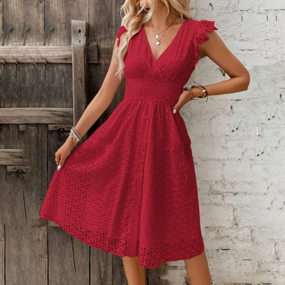 Jzuxvd Women's 2024 Eyelet Lace Embroidery Smocked Waist Party Dress Sexy Flutter Sleeve A Line Midi Long Sun Dress Red M
