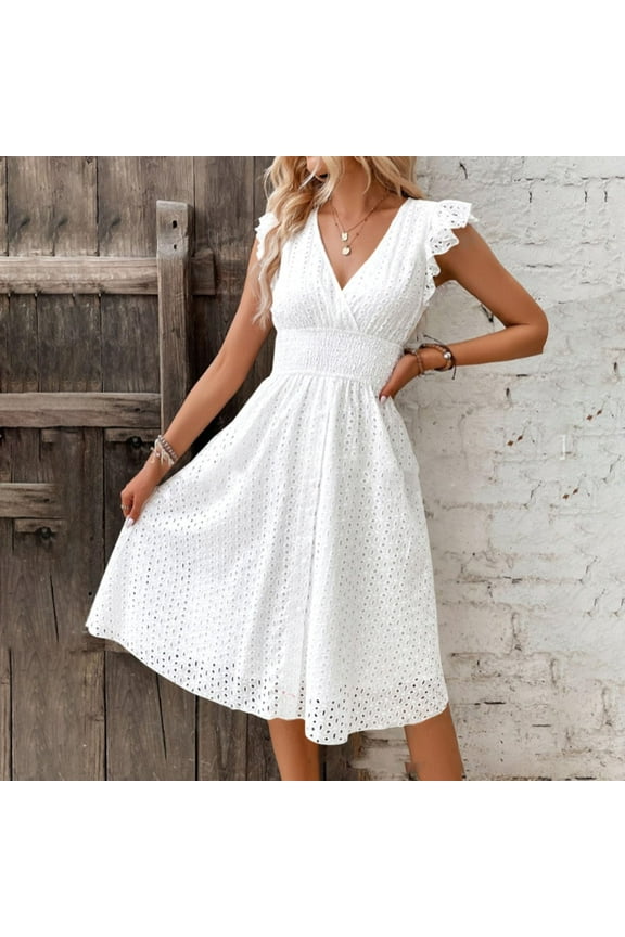 Women's 2024 Eyelet Lace Embroidery Smocked Waist Party Dress Sexy Flutter Sleeve A Line Midi Long Sun Dress White M