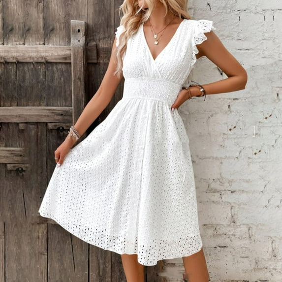 Jzuxvd Women's 2024 Eyelet Lace Embroidery Smocked Waist Party Dress Sexy Flutter Sleeve A Line Midi Long Sun Dress White XL