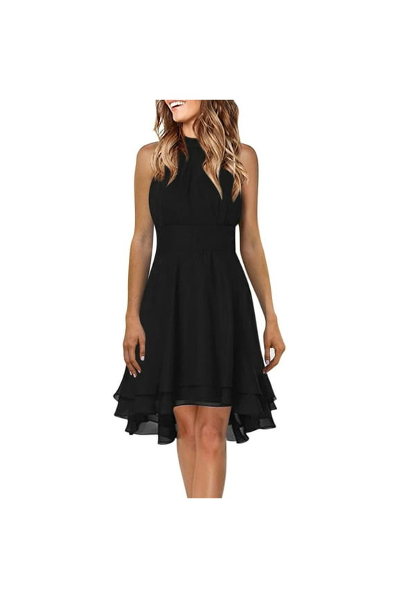 Women's A Line Halter Chiffon Wedding Guest Country Bridesmaid Dresses Black L