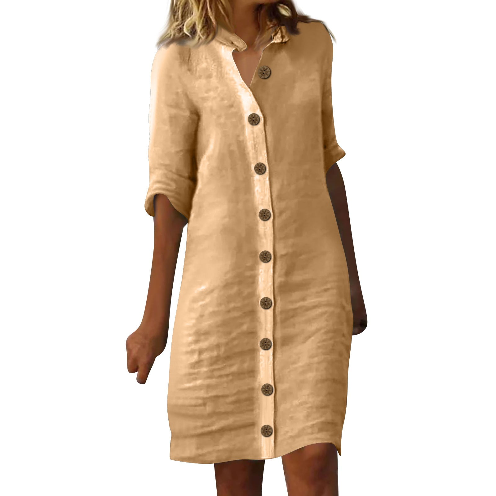 Linen Blend Button Down Shirt Mini Dress for Women