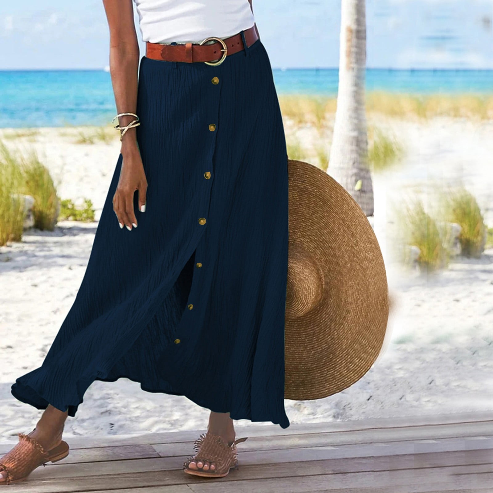 Jzuxvd Women s Button Front Maxi Skirt Mid Waist Boho A Line Skirt Summer Cotton Pleated Slit Skirt Flowy Swing Long Skirt Navy S Walmart