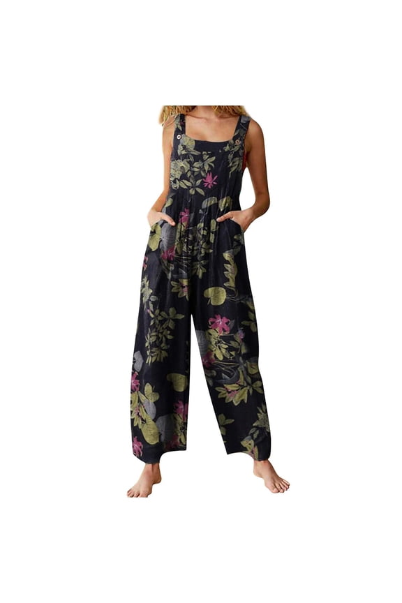 Women's Patchwork Dual Pocket Jumpsuit Loose Floral Print Bohemian Wide Leg Bib Overall Black 5XL