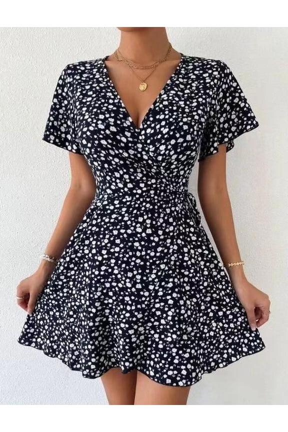 Women's Plus Size Wrap V Neck Short Sleeve Ruffle Hem A Line Short Dress Black XL