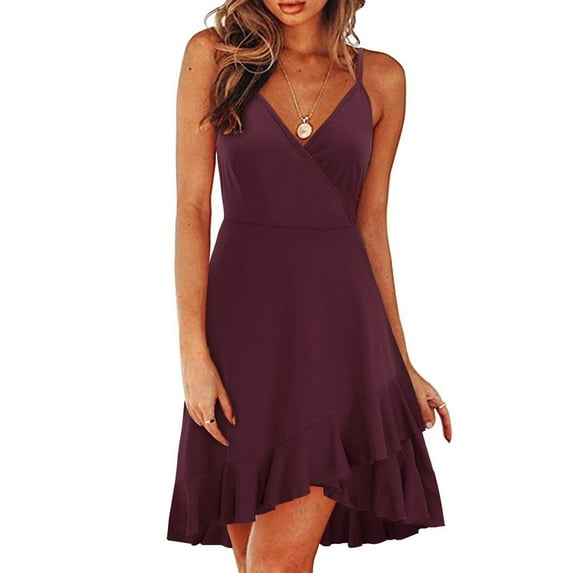 Jzuxvd Women's Sleeveless Halter A Line Pleated Plus Size High Low Wedding Guest Elegant Dresses Wine XL