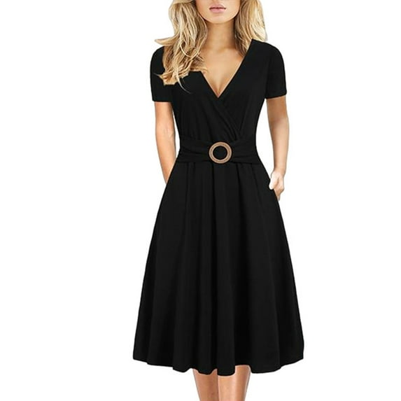 Jzuxvd Women's Solid V-neck Short Sleeved Comfortable Loose Fitting Dress Black XL
