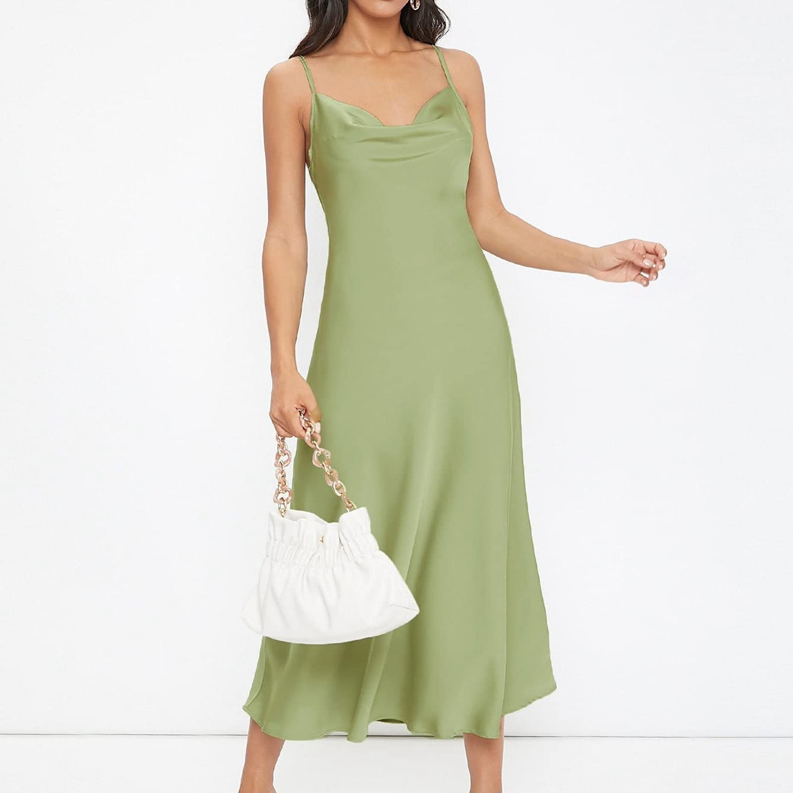 Jzuxvd Women's Spaghetti Strap Cowl Neck Long Slip Satin Silk Midi Dress  Light Green M - Walmart.com