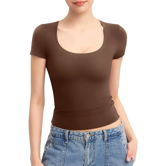 Jzuxvd Women's T Shirts Short Sleeve Scoop Neck Basic Going Out Tops Fashion Slim Fit Tee Smoke Cloud Pro Collection Coffee L