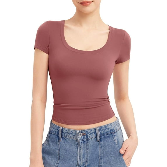 Jzuxvd Women's T Shirts Short Sleeve Scoop Neck Basic Going Out Tops Fashion Slim Fit Tee Smoke Cloud Pro Collection Watermelon Red XS