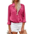 thumbnail image 1 of Jzuxvd Womens Button Down Shirts Gauze Cotton Dress Shirt Long Sleeve Oversized Solid Tunic Tops with Pockets Hot Pink 3XL, 1 of 6
