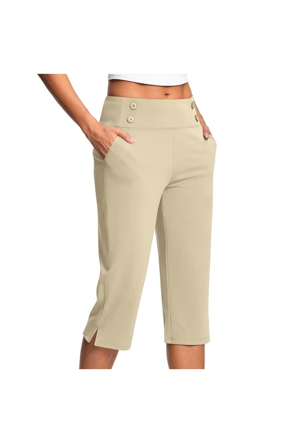 Womens Capris Petite Stretch Summer High Waisted Crop Business Work Pants Casual Seniors Capri Pants Slacks Yoga Dress Pants with Pockets Beige XXL