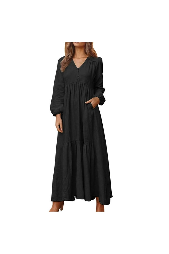 Womens Cotton Linen Peasant Maxi Dresses Button Up Long Sleeve Pleated Tiered Dress Vintage Flowy Swing Tunic Dress Black L