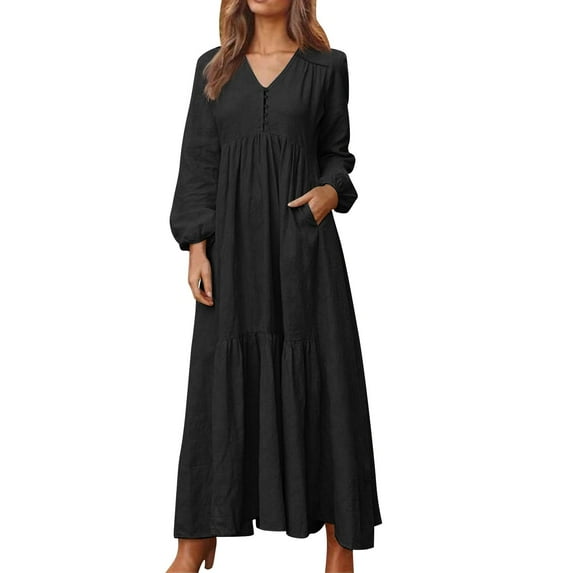 Jzuxvd Womens Cotton Linen Peasant Maxi Dresses Button Up Long Sleeve Pleated Tiered Dress Vintage Flowy Swing Tunic Dress Black XL