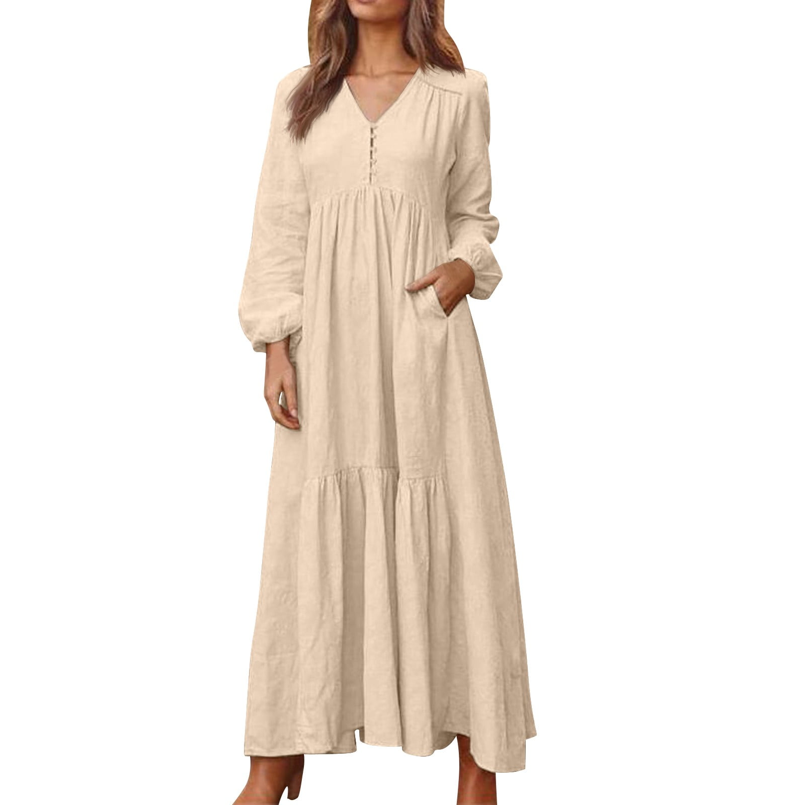 Jzuxvd Womens Cotton Linen Peasant Maxi Dresses Button Up Long Sleeve Pleated Tiered Dress Vintage Flowy Swing Tunic Dress Khaki L