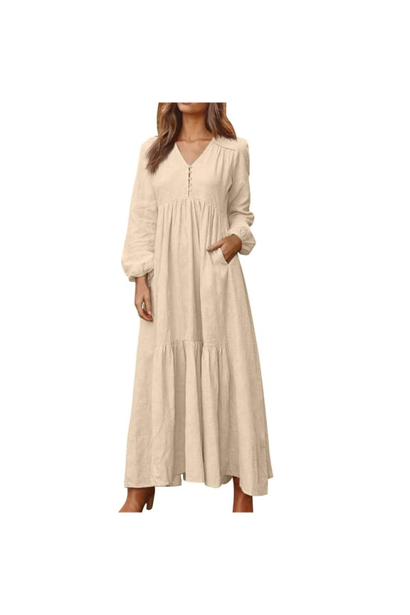 Womens Cotton Linen Peasant Maxi Dresses Button Up Long Sleeve Pleated Tiered Dress Vintage Flowy Swing Tunic Dress Khaki L