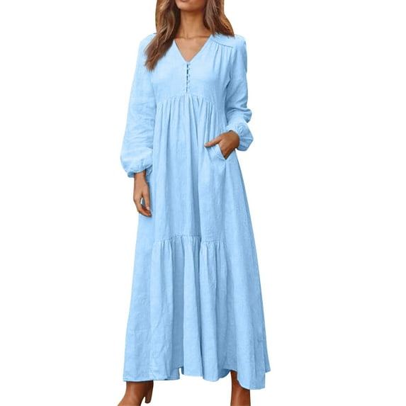 Jzuxvd Womens Cotton Linen Peasant Maxi Dresses Button Up Long Sleeve Pleated Tiered Dress Vintage Flowy Swing Tunic Dress Light Blue XL