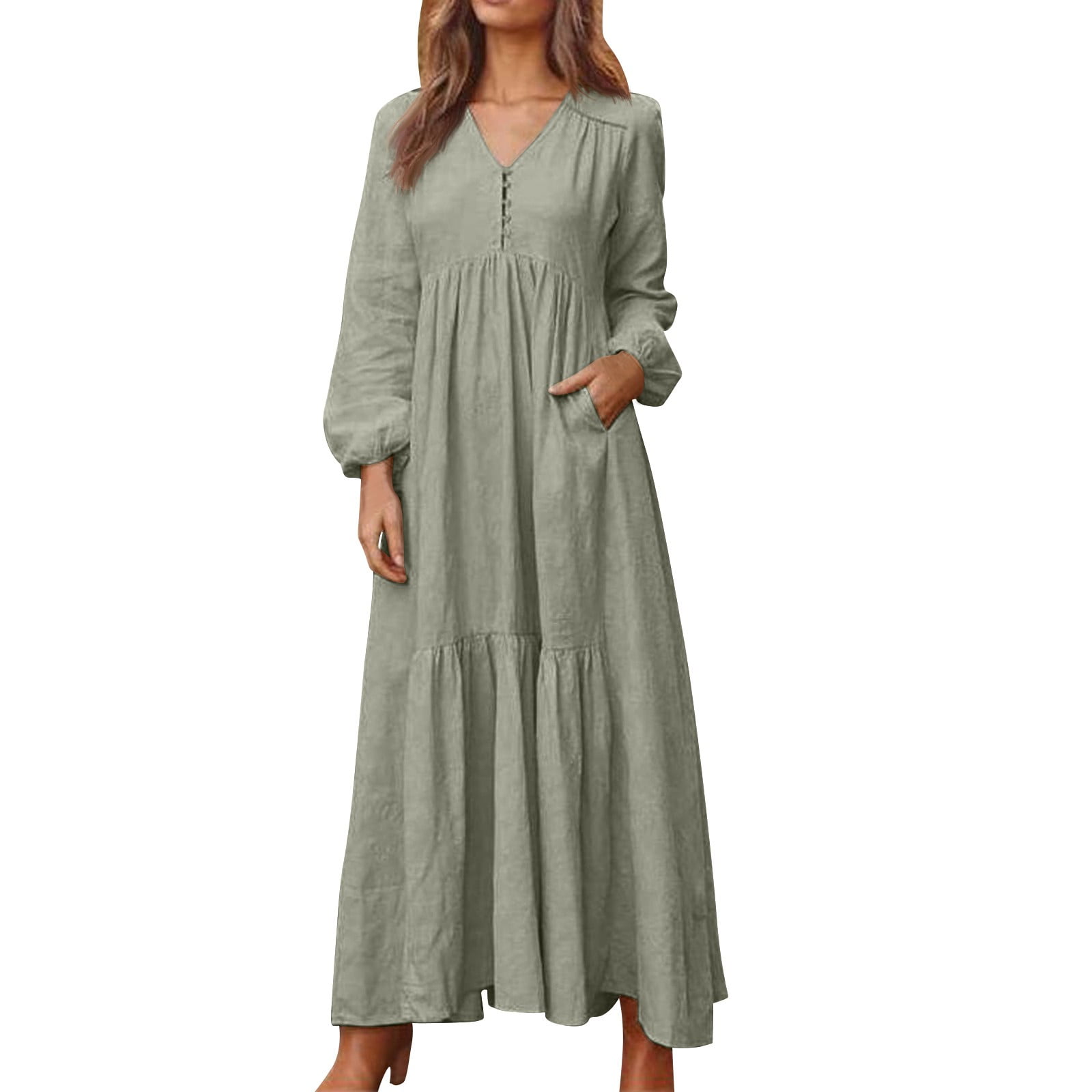 chinese dress ladies Sleeveless Grey Dress with Pockets| Nuichan Maxi Dresses XL-XL2