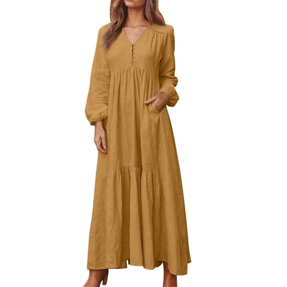 Jzuxvd Womens Cotton Linen Peasant Maxi Dresses Button Up Long Sleeve Pleated Tiered Dress Vintage Flowy Swing Tunic Dress Orange XL