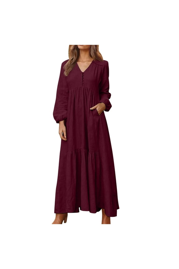 Womens Cotton Linen Peasant Maxi Dresses Button Up Long Sleeve Pleated Tiered Dress Vintage Flowy Swing Tunic Dress Red M